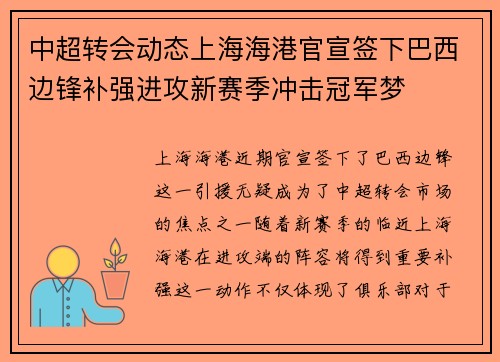 中超转会动态上海海港官宣签下巴西边锋补强进攻新赛季冲击冠军梦 中超转会动态上海海港官宣签下巴西边锋补强进攻新赛季冲击冠军梦